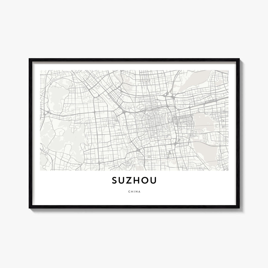 Suzhou black & white map poster of China – horizontal wall art, unframed print shown in interior mockup