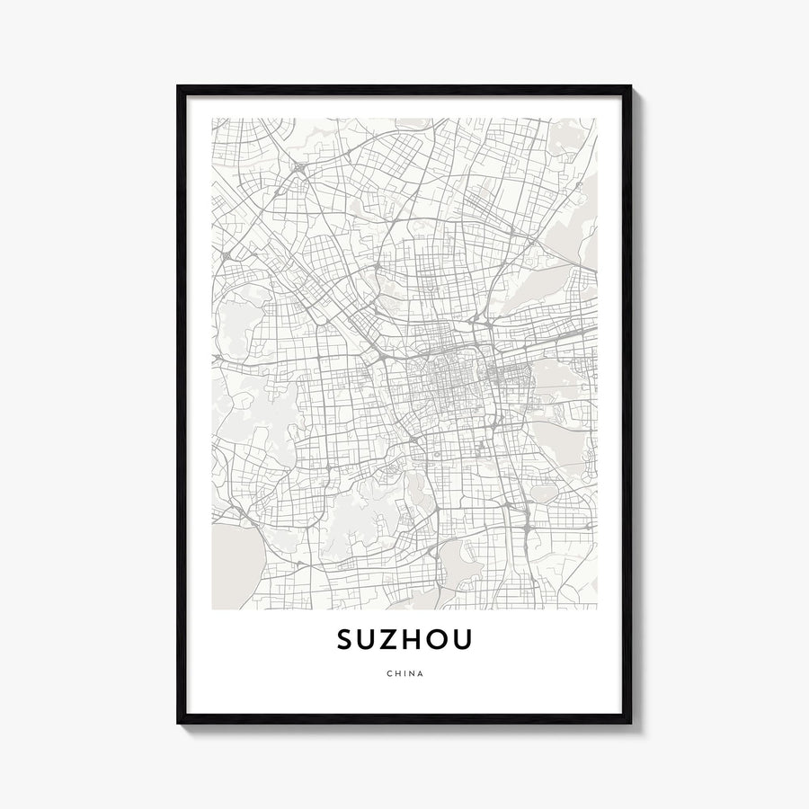 Suzhou black & white map poster of China – vertical wall art, unframed print shown in interior mockup