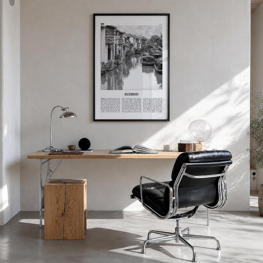 Suzhou black & white newspaper poster of China – vertical wall art in black wood frame, hanging on wall