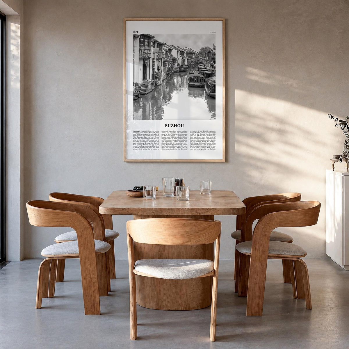 Suzhou black & white newspaper poster of China – vertical wall art in natural wood frame, hanging on wall