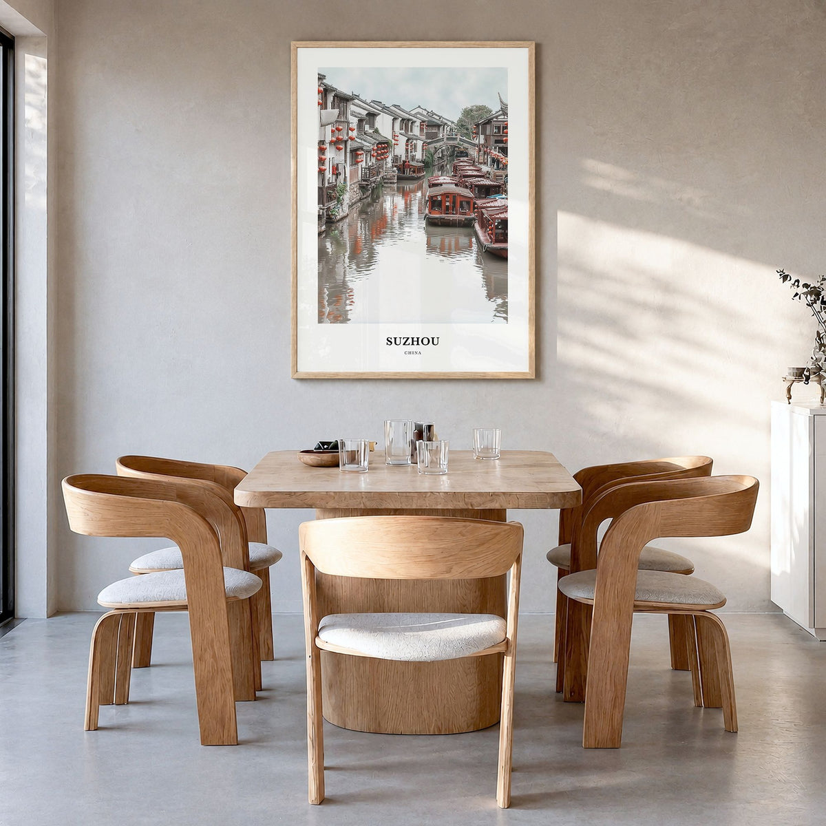 Suzhou Classic Poster in a natural wood frame, hanging in a dining room