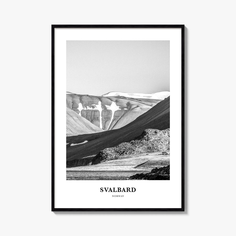 Svalbard black & white classic poster of Norway – vertical wall art, unframed print shown in interior mockup