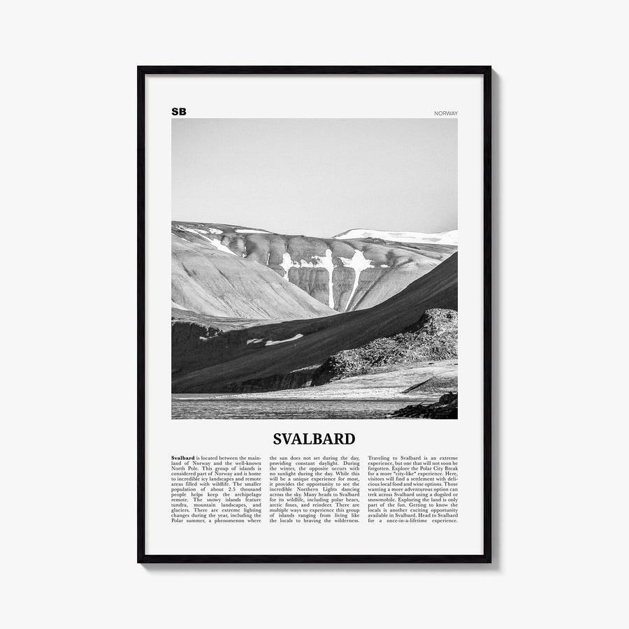 Svalbard black & white newspaper poster of Norway – vertical wall art, unframed print shown in interior mockup