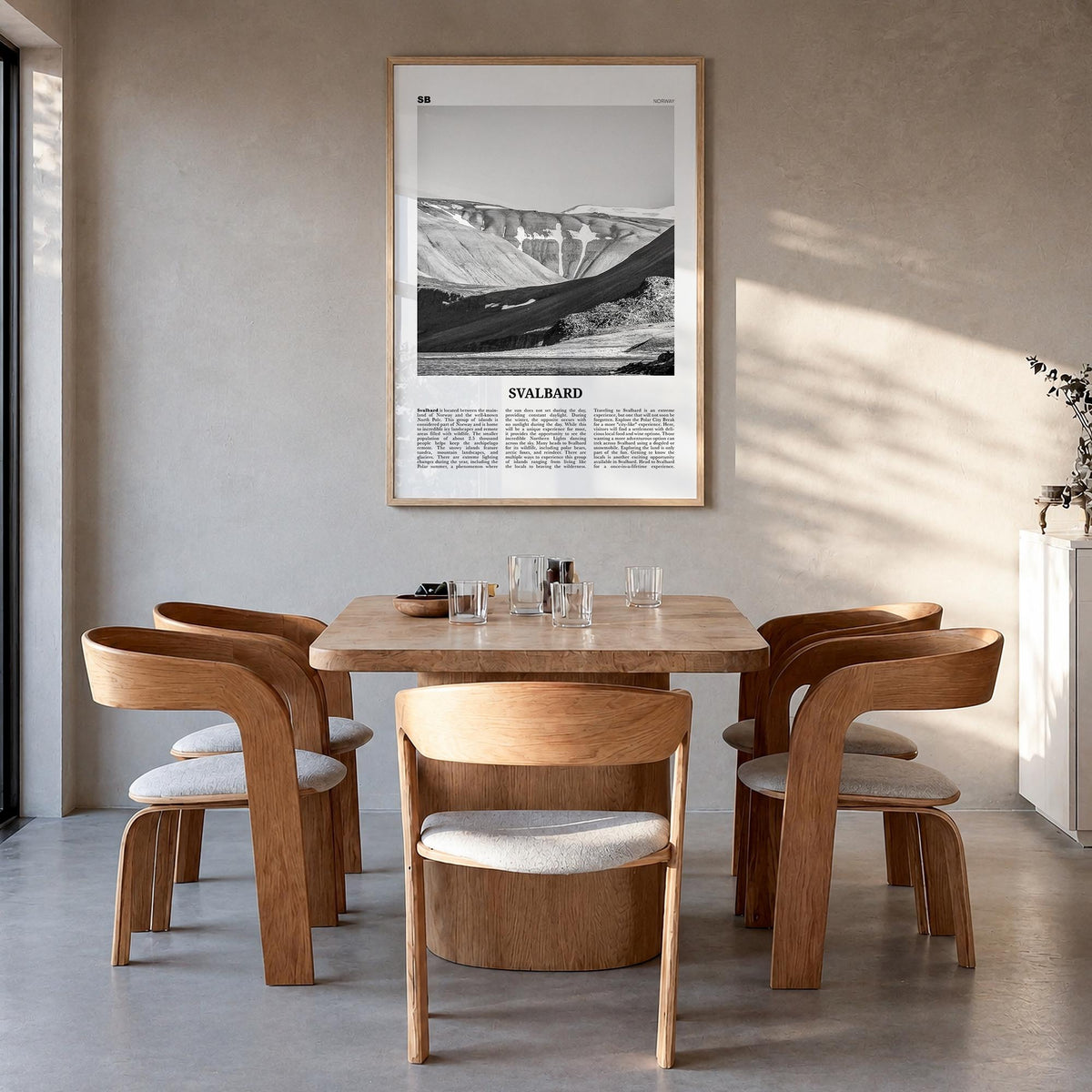 Svalbard black & white newspaper poster of Norway – vertical wall art in natural wood frame, hanging on wall