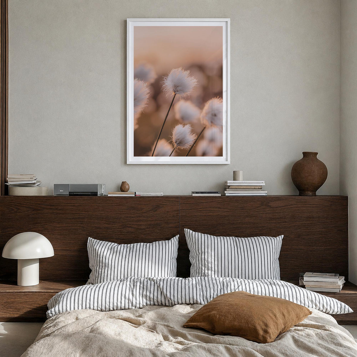 Swamp Flowers colorful photo poster – vertical wall art in white wood frame with white border, hanging on wall