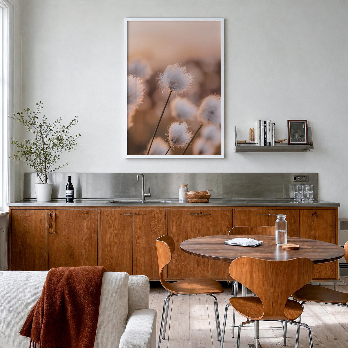 Swamp Flowers colorful photo poster – vertical wall art in white wood frame, hanging on wall
