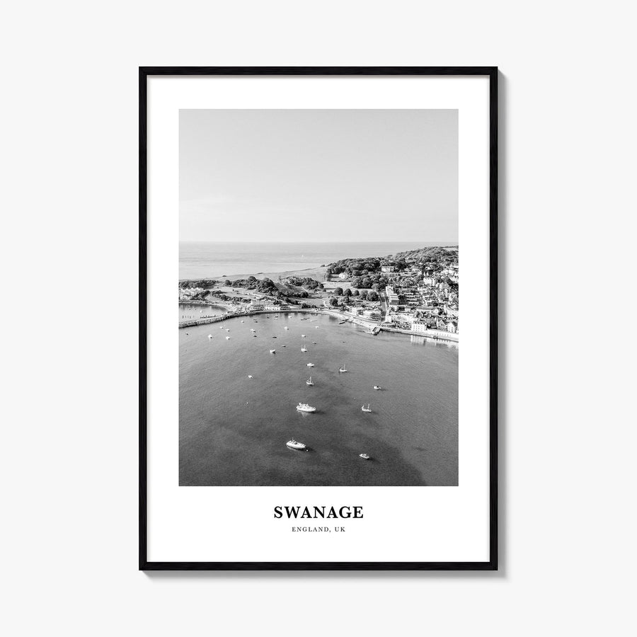 Swanage black & white classic poster of United Kingdom – vertical wall art, unframed print shown in interior mockup