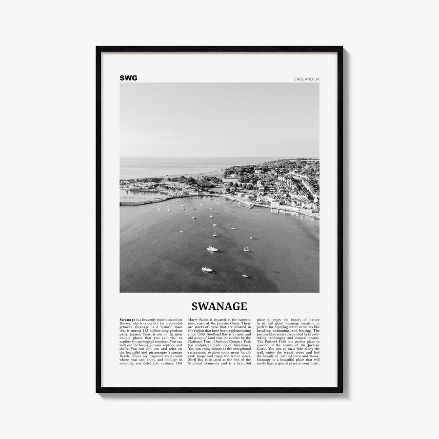 Swanage black & white newspaper poster of United Kingdom – vertical wall art, unframed print shown in interior mockup