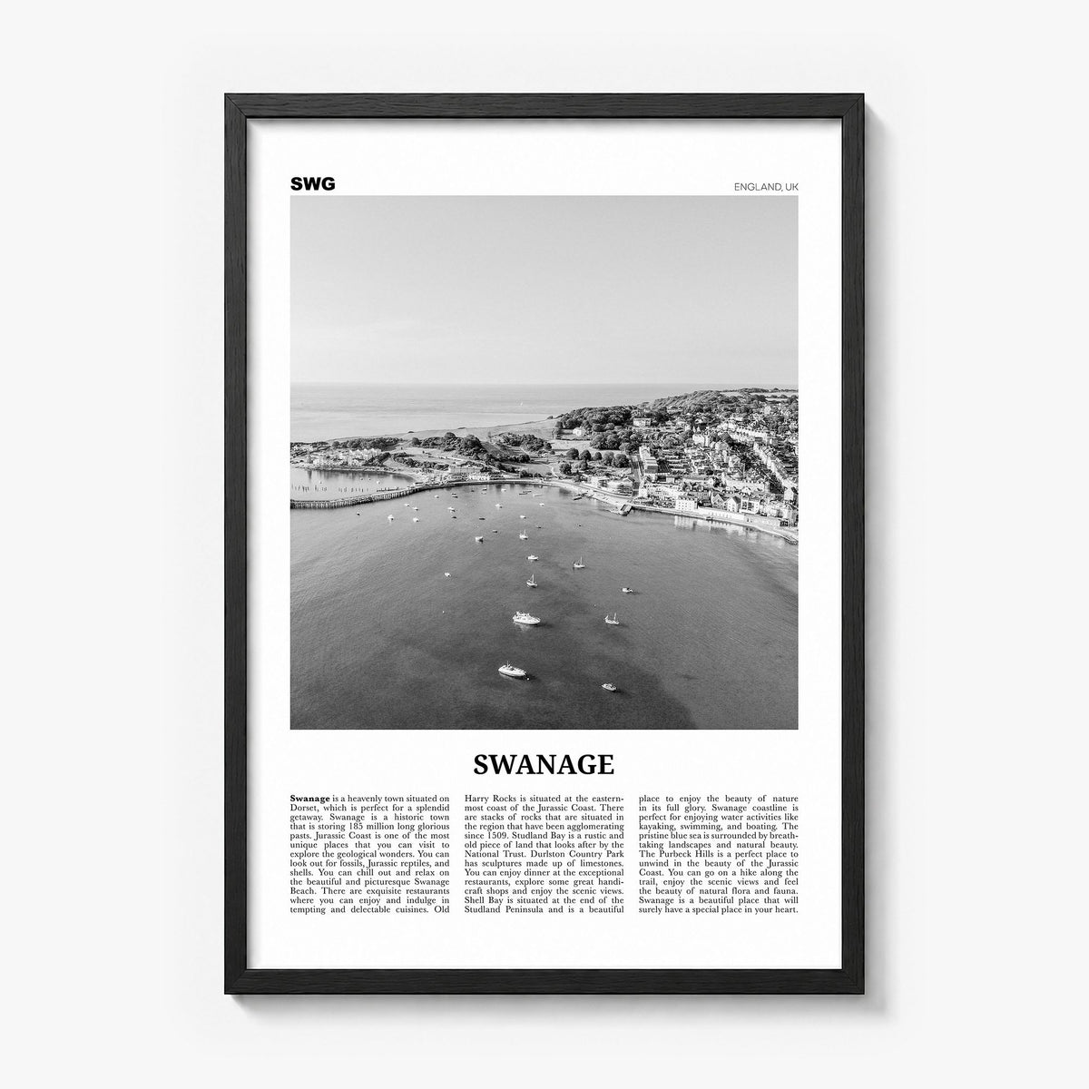 Swanage Newspaper Poster in a black wood frame