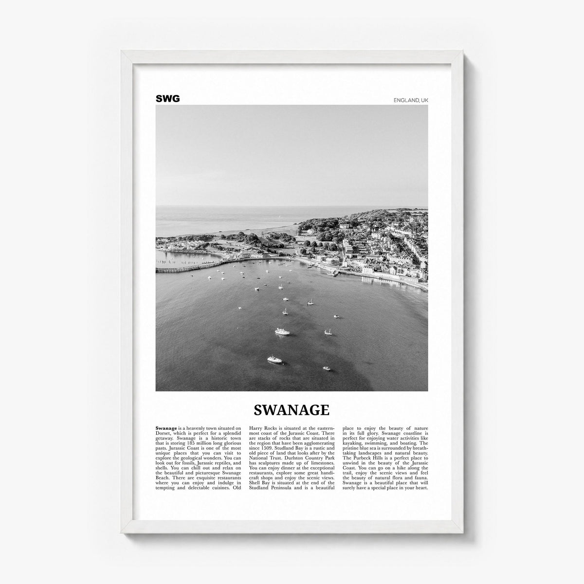 Swanage Newspaper Poster in a white wood frame