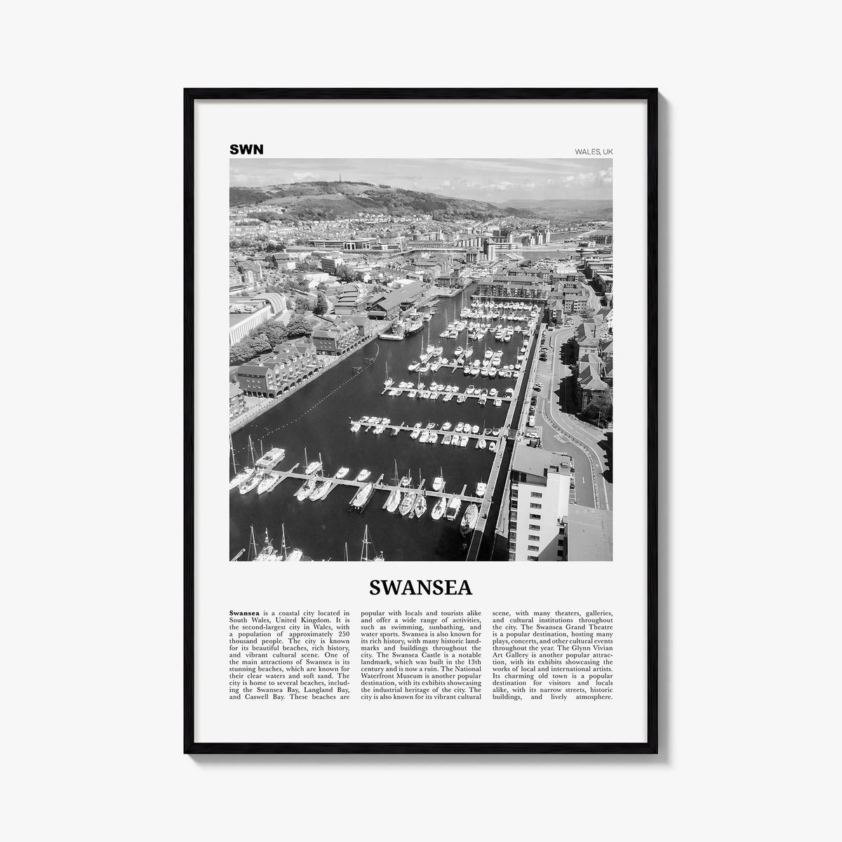 Swansea black & white newspaper poster of United Kingdom – vertical wall art, unframed print shown in interior mockup