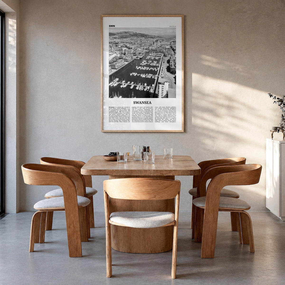 Swansea black & white newspaper poster of United Kingdom – vertical wall art in natural wood frame, hanging on wall
