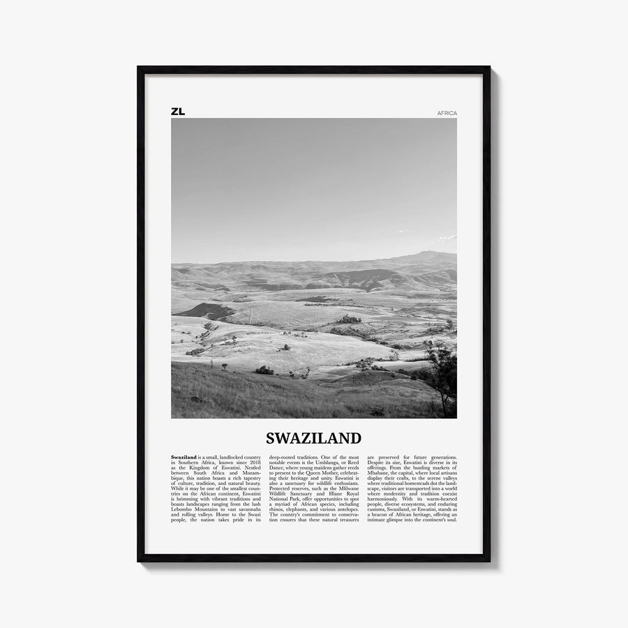 Swaziland black & white newspaper poster of Eswatini – vertical wall art, unframed print shown in interior mockup