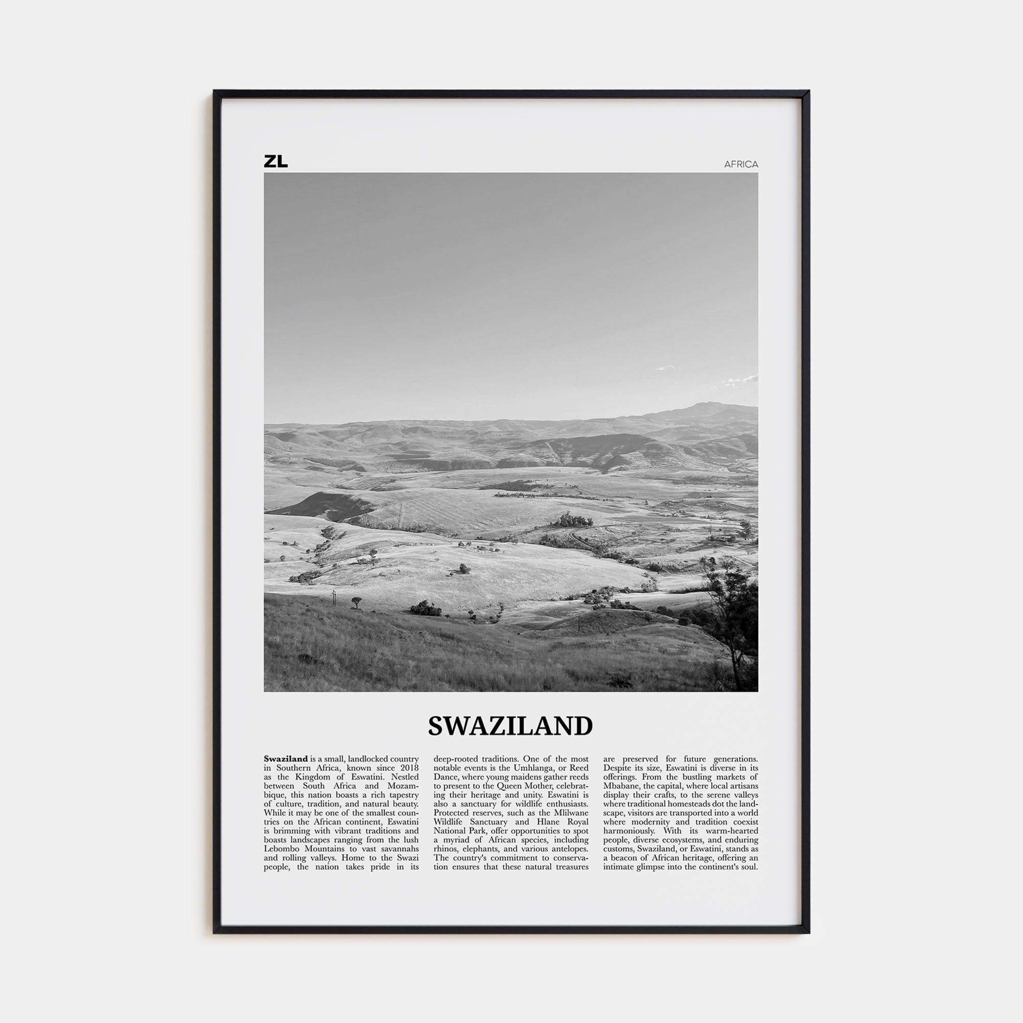 Swaziland Poster Black Metal / 8x12 in Nbourhood Travel B&W Poster
