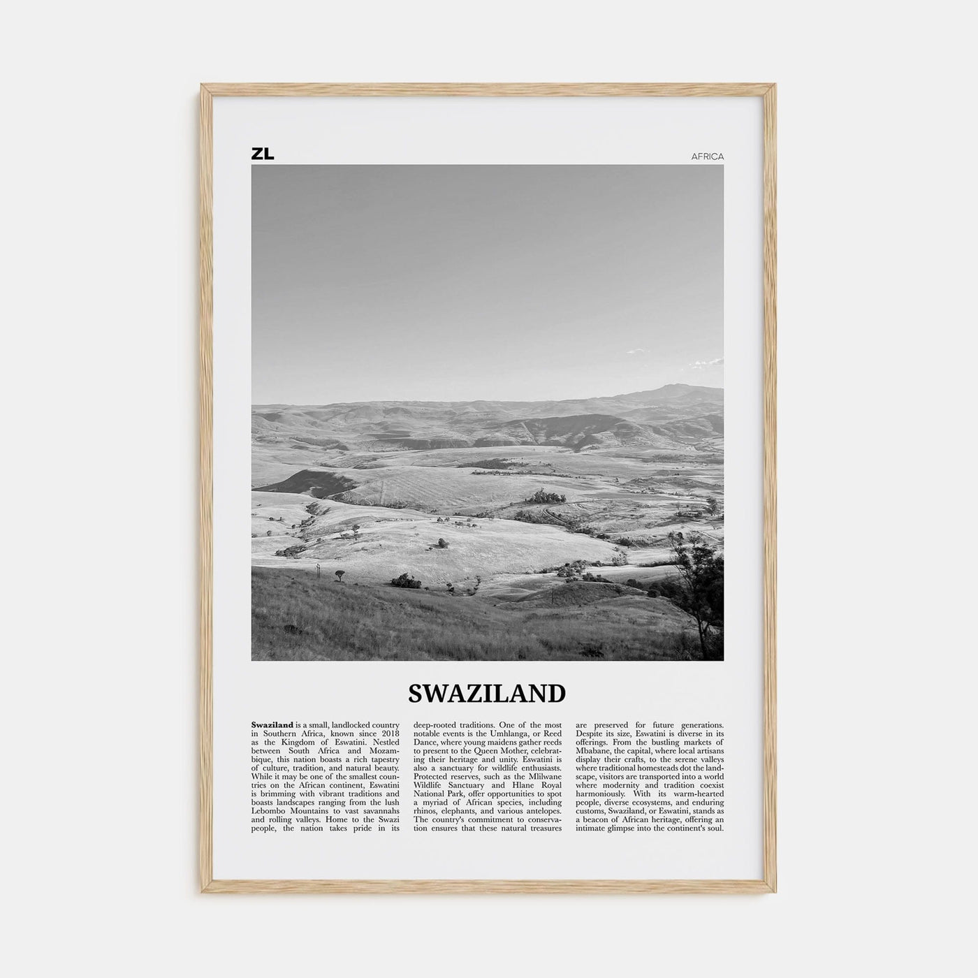 Swaziland Poster Natural Wood / 8x12 in Nbourhood Travel B&W Poster