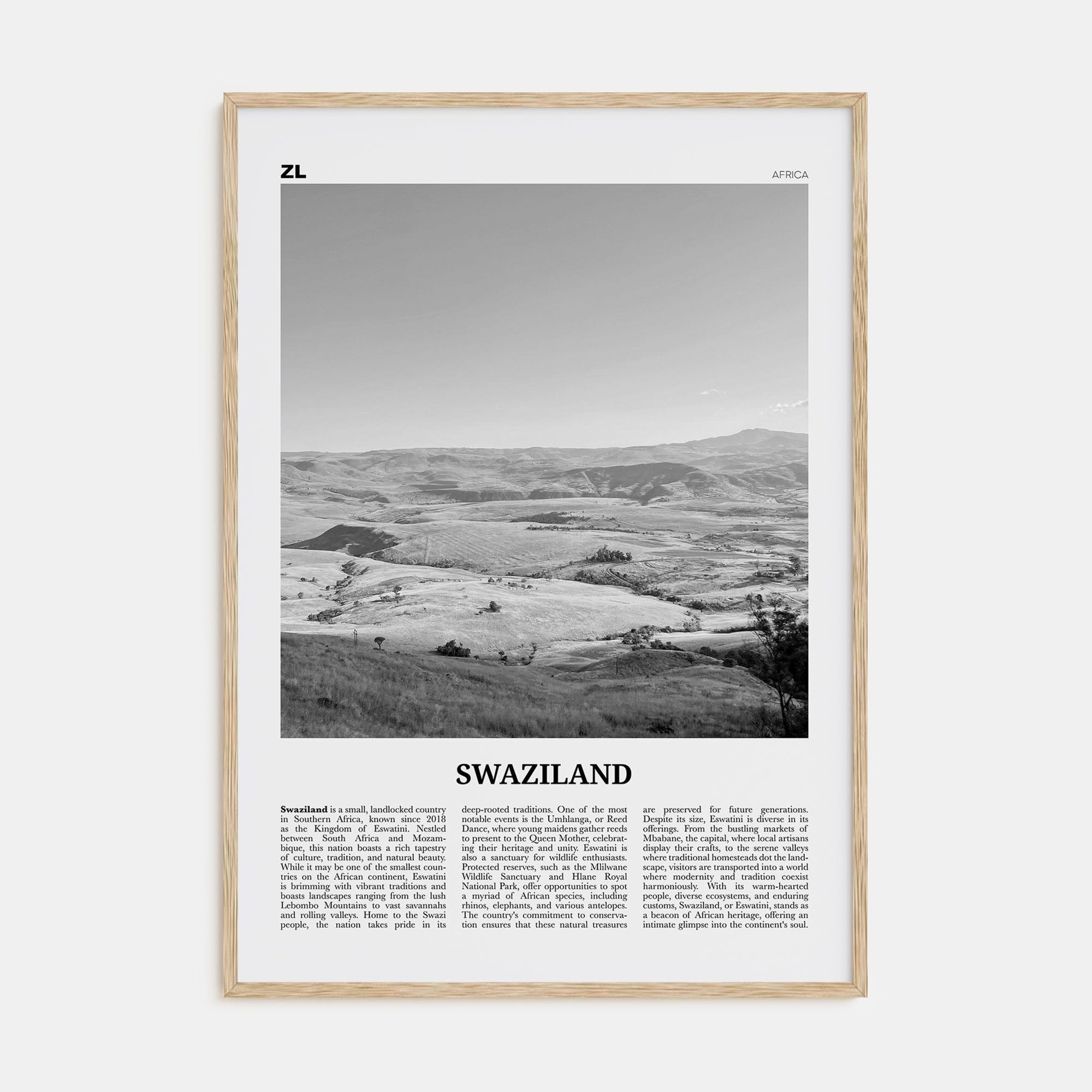Swaziland Poster Natural Wood / 8x12 in Nbourhood Travel B&W Poster