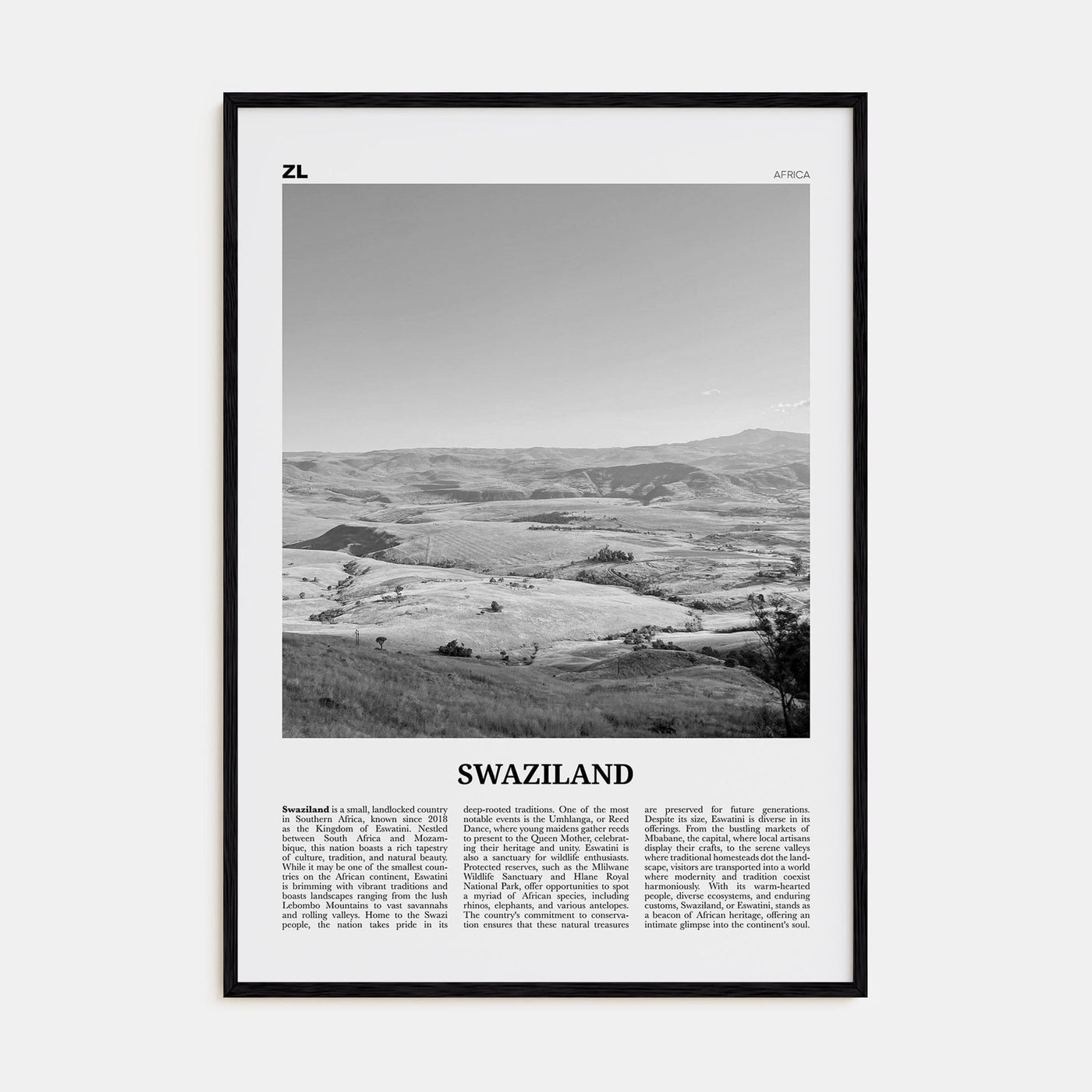 Swaziland Poster Black Wood / 8x12 in Nbourhood Travel B&W Poster