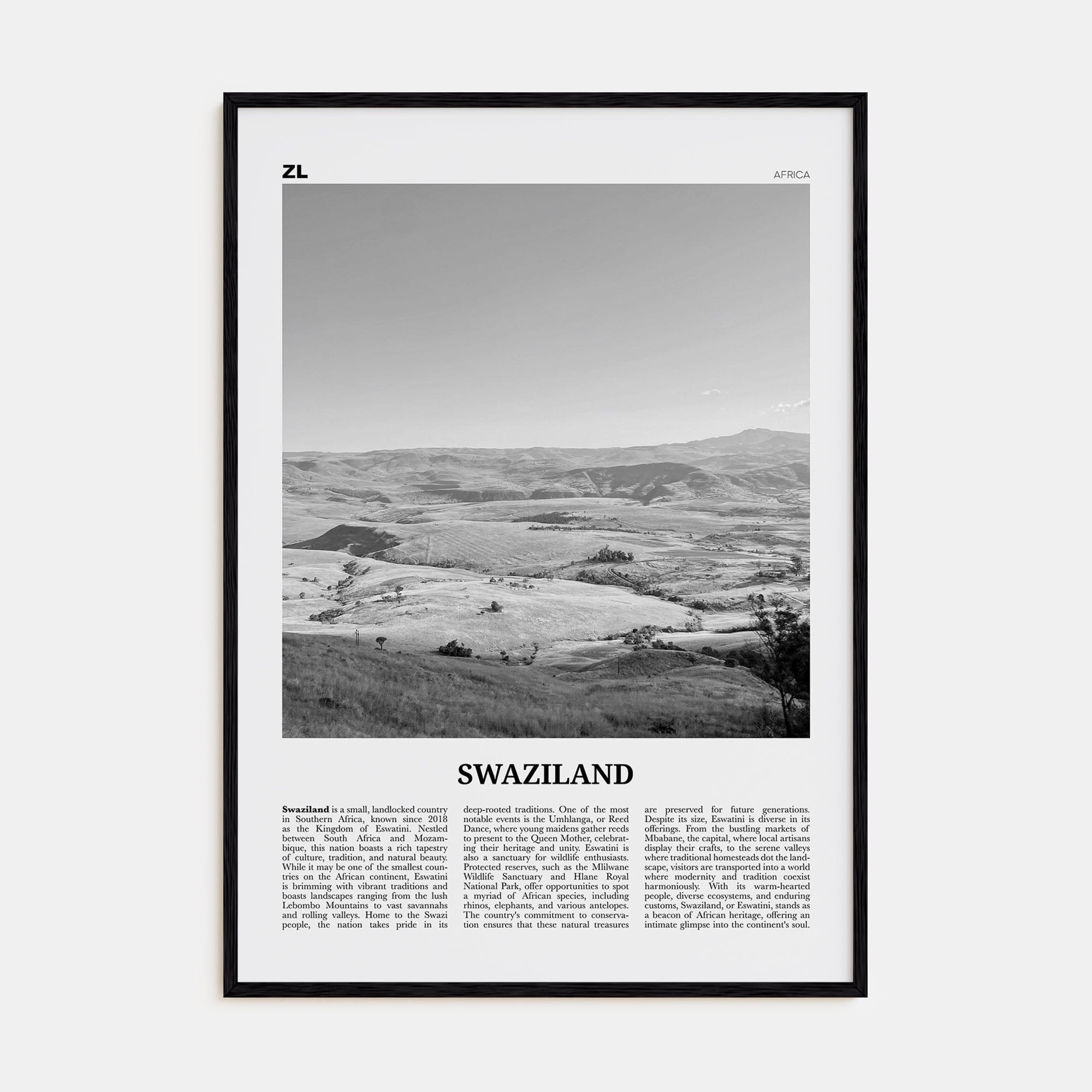 Swaziland Poster Black Wood / 8x12 in Nbourhood Travel B&W Poster