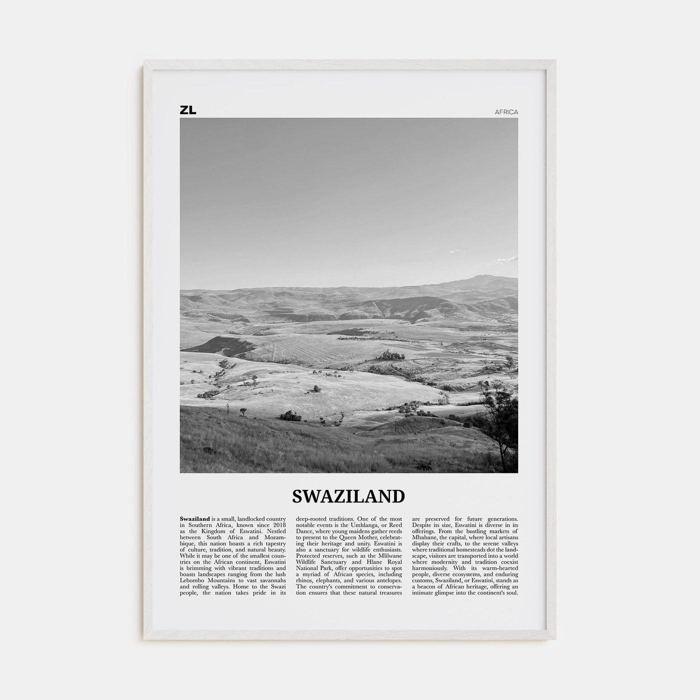 Swaziland Poster White Wood / 8x12 in Nbourhood Travel B&W Poster