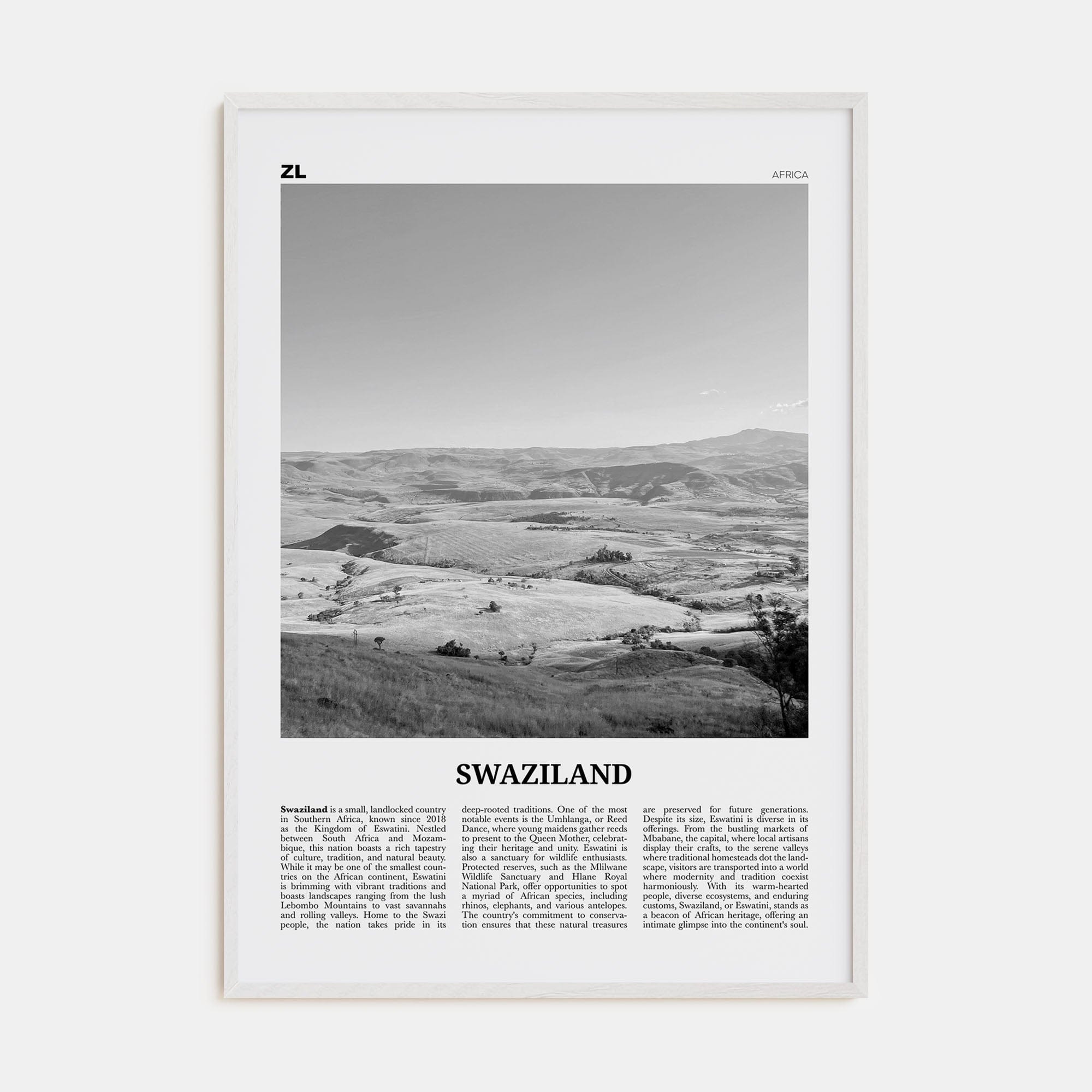 Swaziland Poster White Wood / 8x12 in Nbourhood Travel B&W Poster