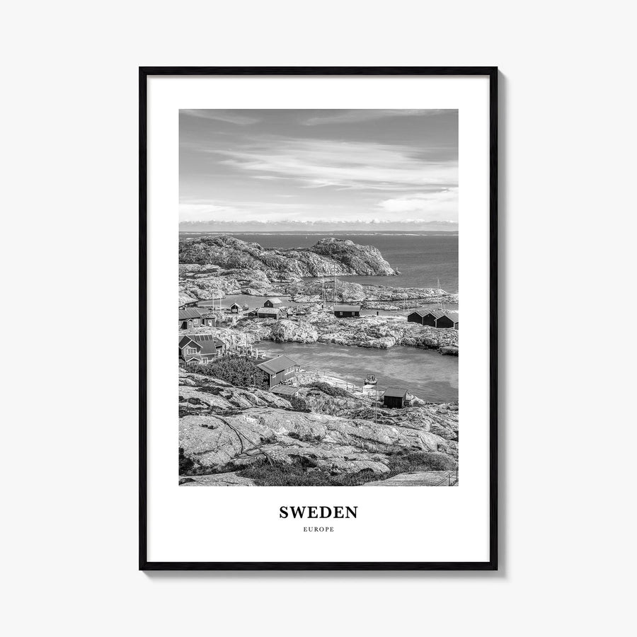 Sweden black & white classic poster of Europe – vertical wall art, unframed print shown in interior mockup