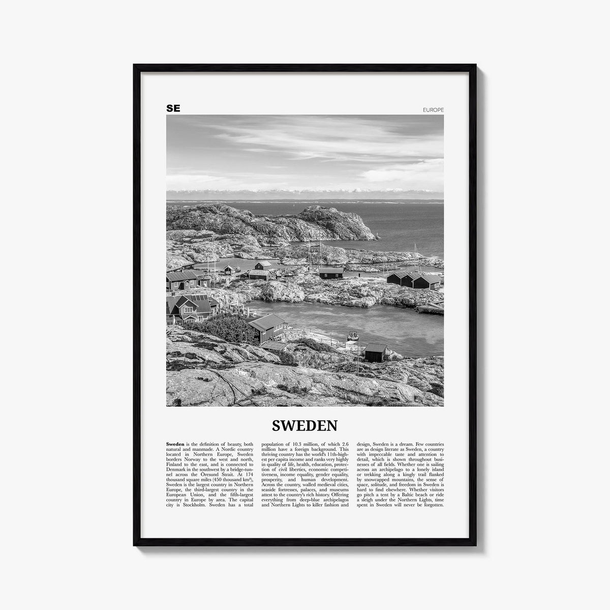 Sweden black & white newspaper poster of Europe – vertical wall art, unframed print shown in interior mockup