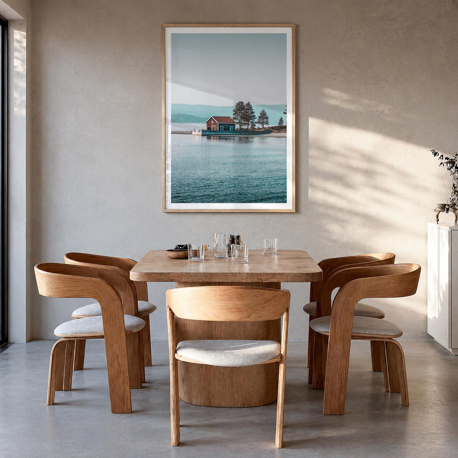 Sweden colorful photo poster of Europe – vertical wall art in natural wood frame with white border, hanging on wall
