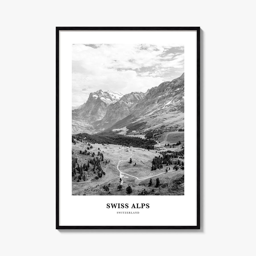 Swiss Alps black & white classic poster of Switzerland – vertical wall art, unframed print shown in interior mockup