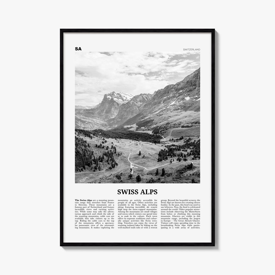 Swiss Alps black & white newspaper poster of Switzerland – vertical wall art, unframed print shown in interior mockup