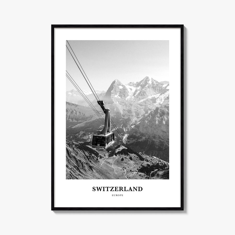 Switzerland black & white classic poster of Europe – vertical wall art, unframed print shown in interior mockup