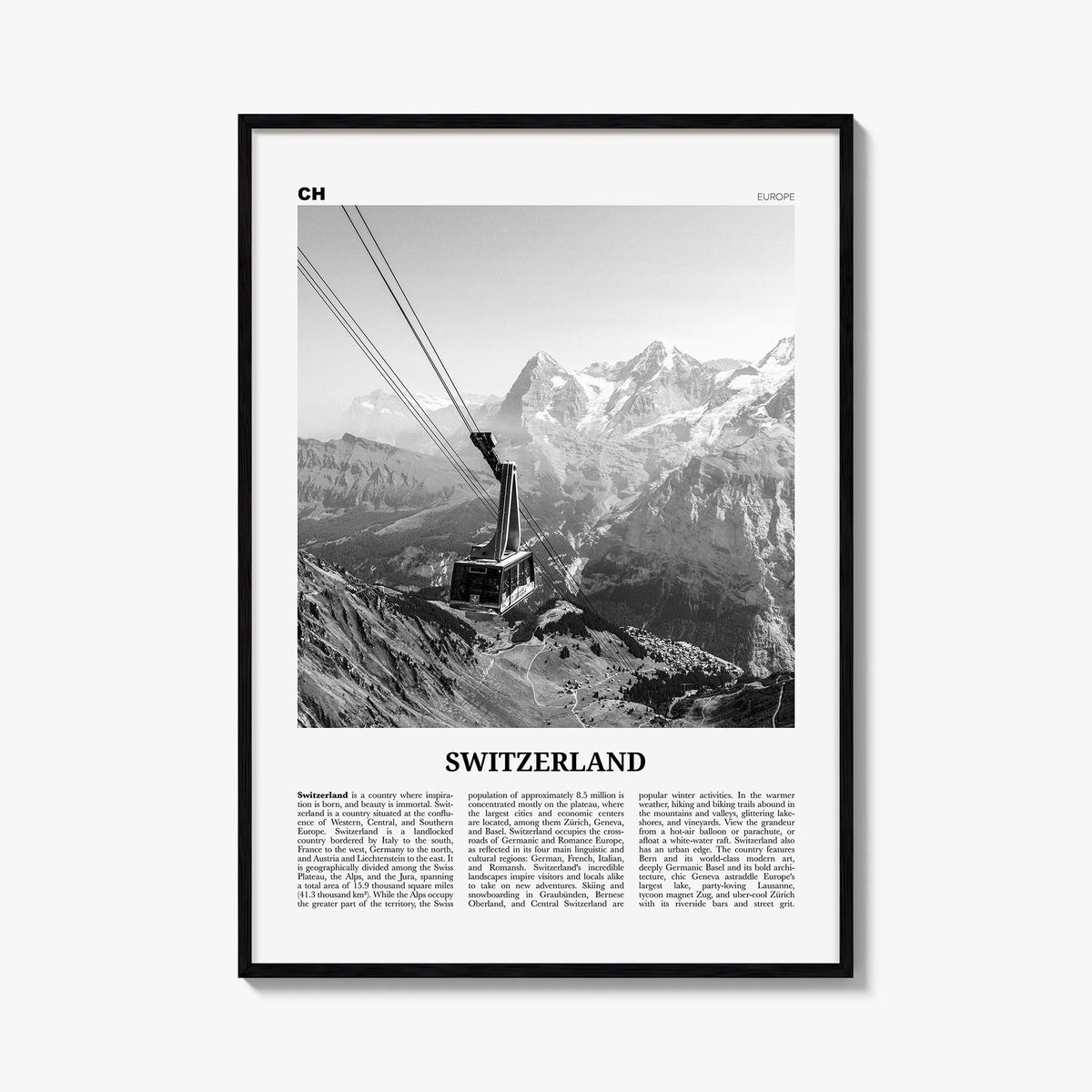 Switzerland black & white newspaper poster of Europe – vertical wall art, unframed print shown in interior mockup