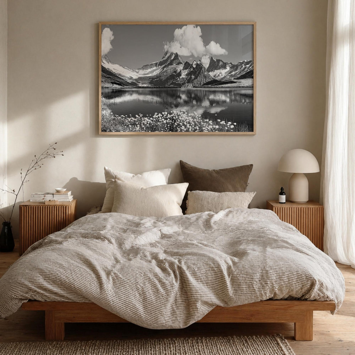 Switzerland black & white photo poster of Europe – horizontal wall art in natural wood frame, hanging on wall