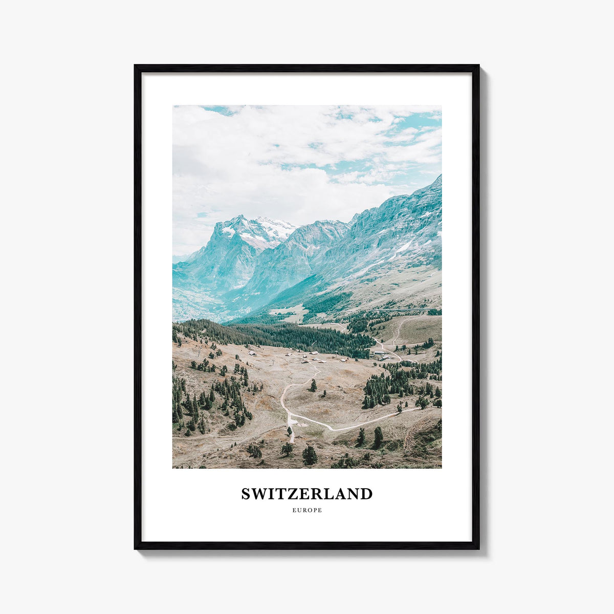 Switzerland colorful classic poster of Europe – vertical wall art, unframed print shown in interior mockup