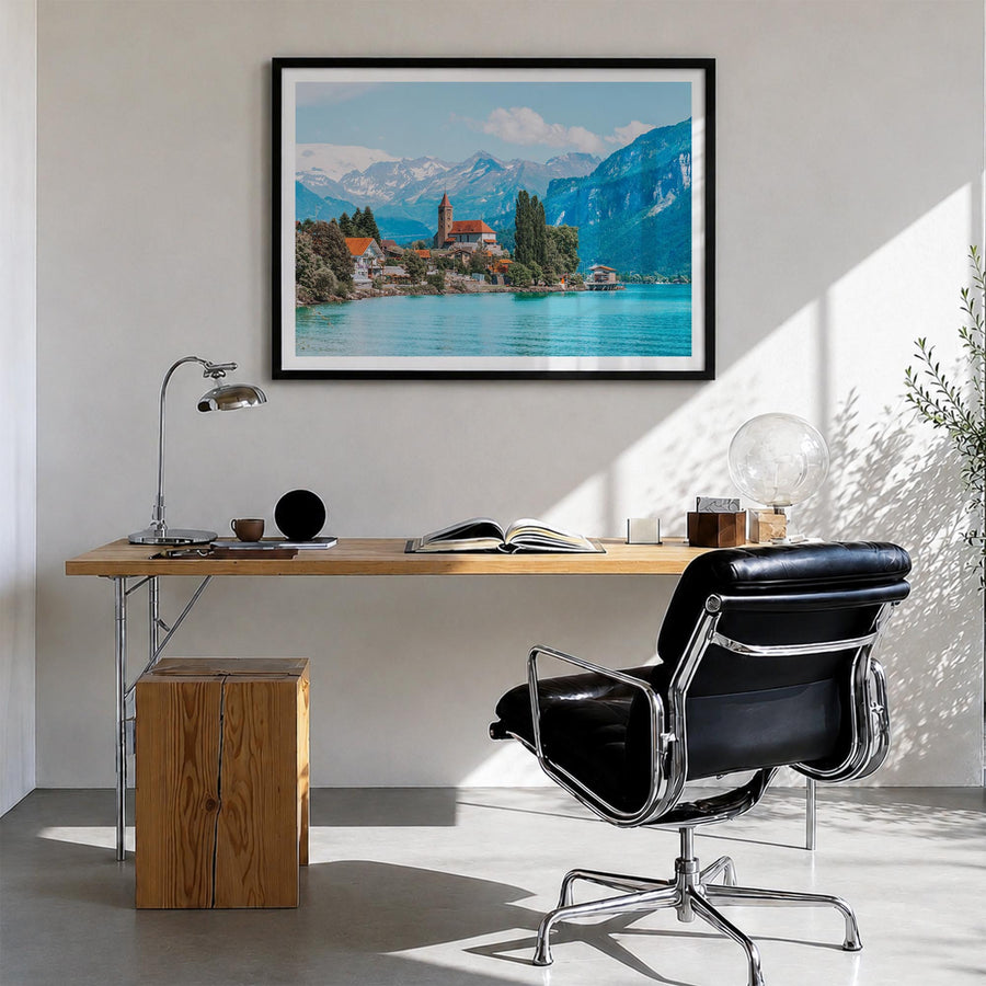 Switzerland colorful photo poster of Europe – horizontal wall art in black wood frame with white border, hanging on wall