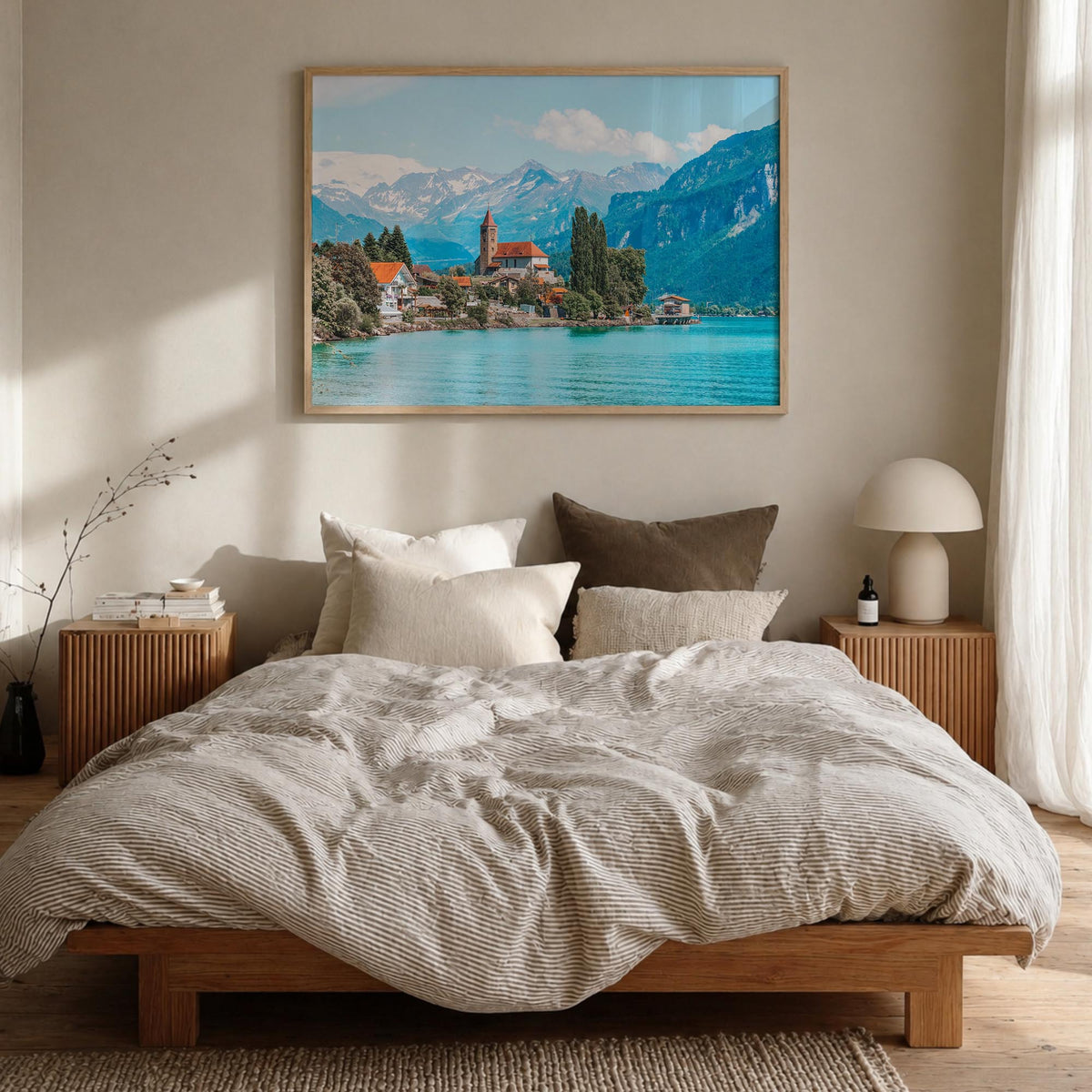 Switzerland colorful photo poster of Europe – horizontal wall art in natural wood frame, hanging on wall