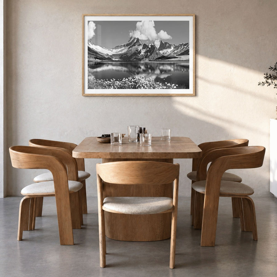 Switzerland Photo Poster in a natural wood frame, hanging in a dining room, white border