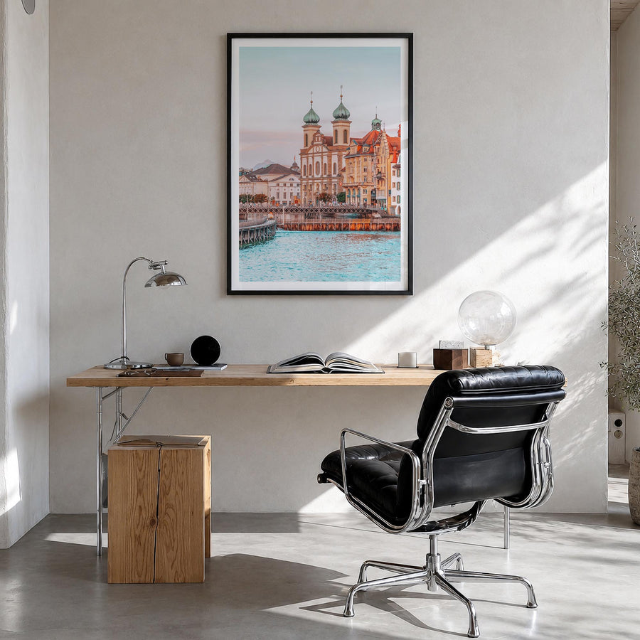 Switzerland no. 2 colorful photo poster of Europe – vertical wall art in black wood frame with white border, hanging on wall