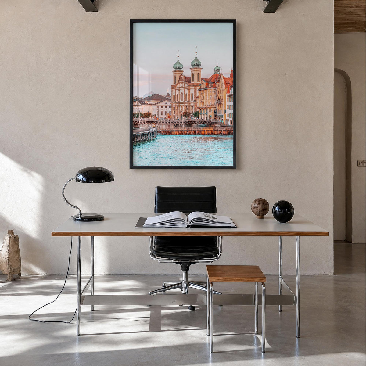 Switzerland no. 2 colorful photo poster of Europe – vertical wall art in black wood frame, hanging on wall