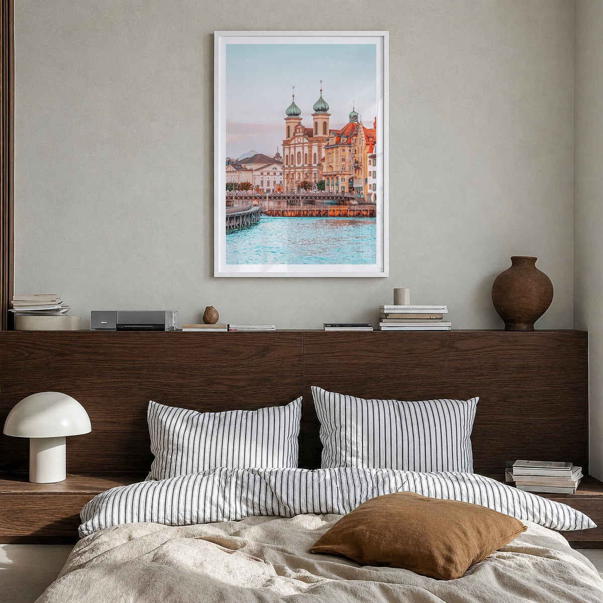 Switzerland no. 2 colorful photo poster of Europe – vertical wall art in white wood frame with white border, hanging on wall