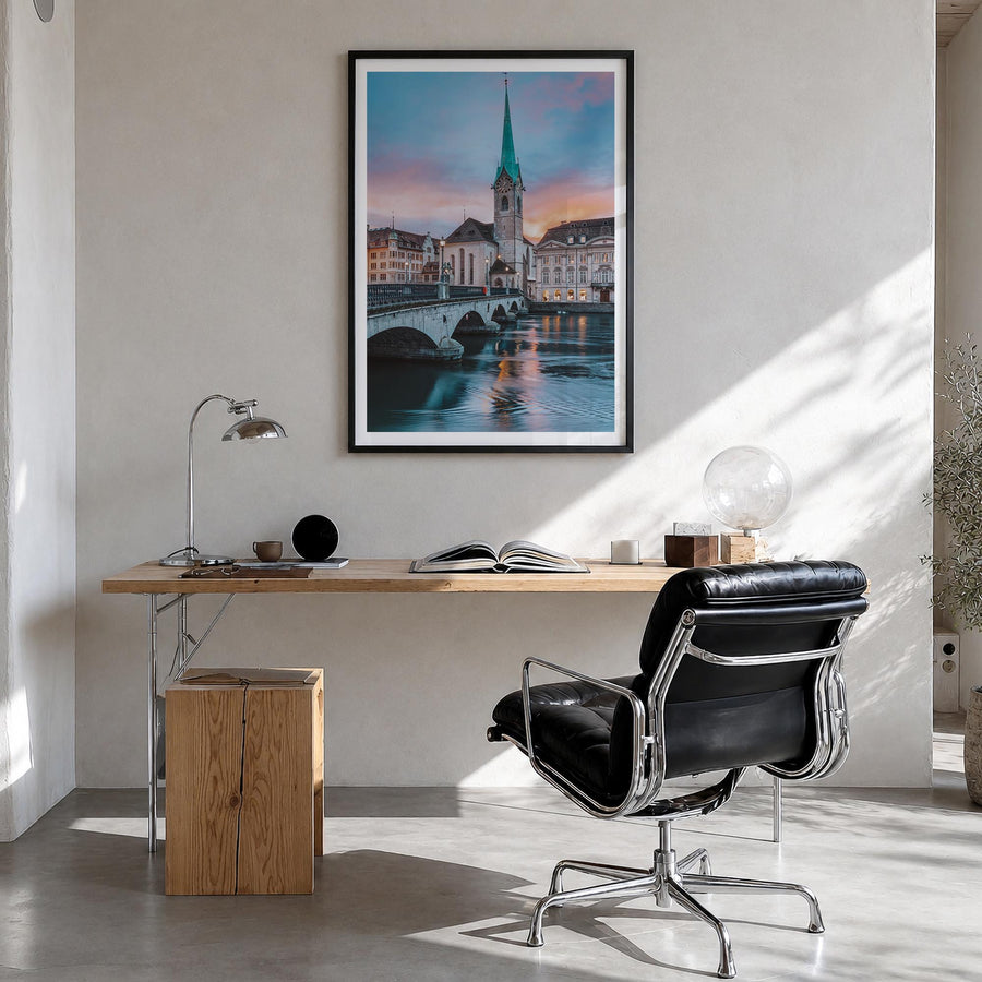 Switzerland no. 3 colorful photo poster of Europe – vertical wall art in black wood frame with white border, hanging on wall