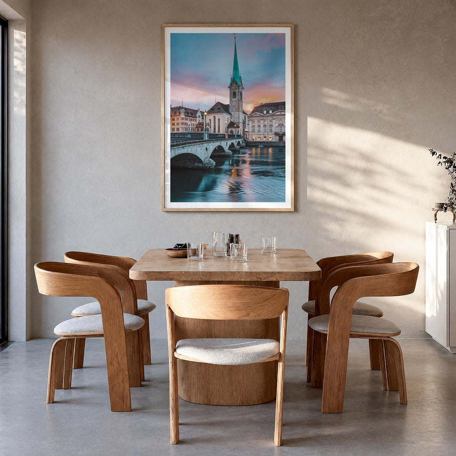 Switzerland no. 3 colorful photo poster of Europe – vertical wall art in natural wood frame with white border, hanging on wal