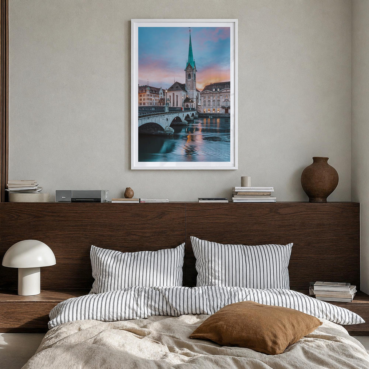 Switzerland no. 3 colorful photo poster of Europe – vertical wall art in white wood frame with white border, hanging on wall