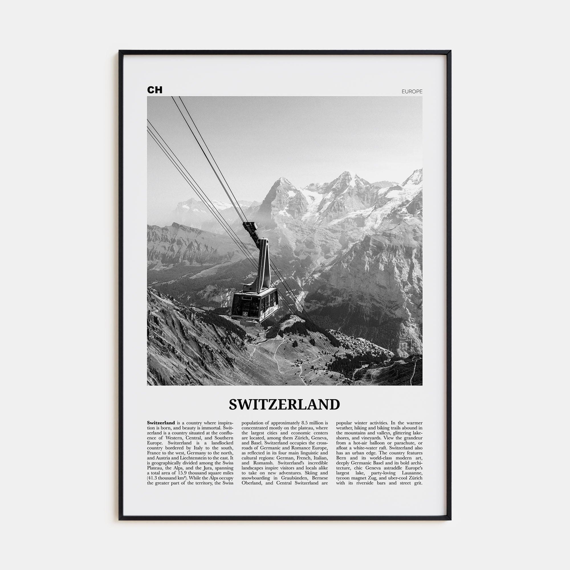 Switzerland Poster Black Metal / 8x12 in Nbourhood Travel B&W Poster