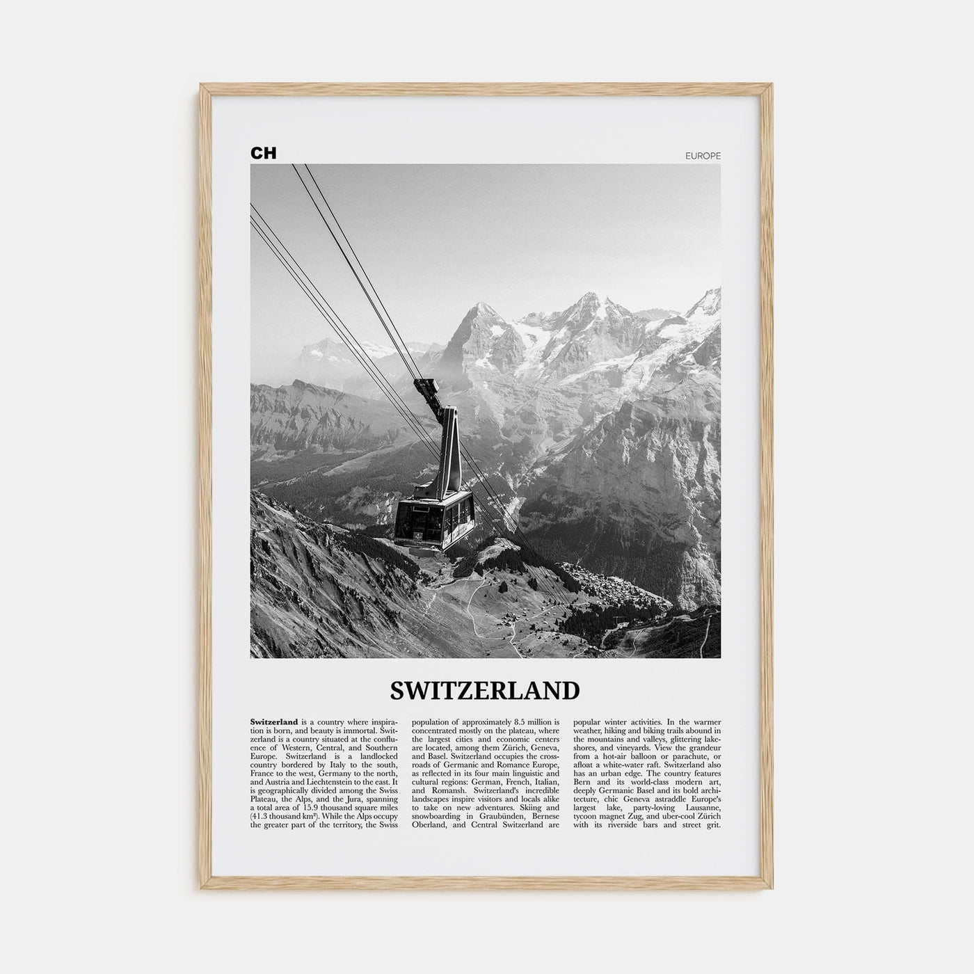 Switzerland Poster Natural Wood / 8x12 in Nbourhood Travel B&W Poster