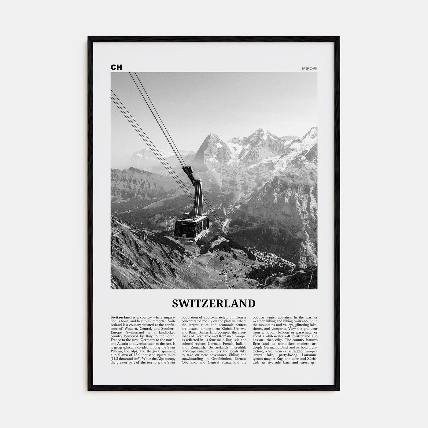 Switzerland Poster Black Wood / 8x12 in Nbourhood Travel B&W Poster