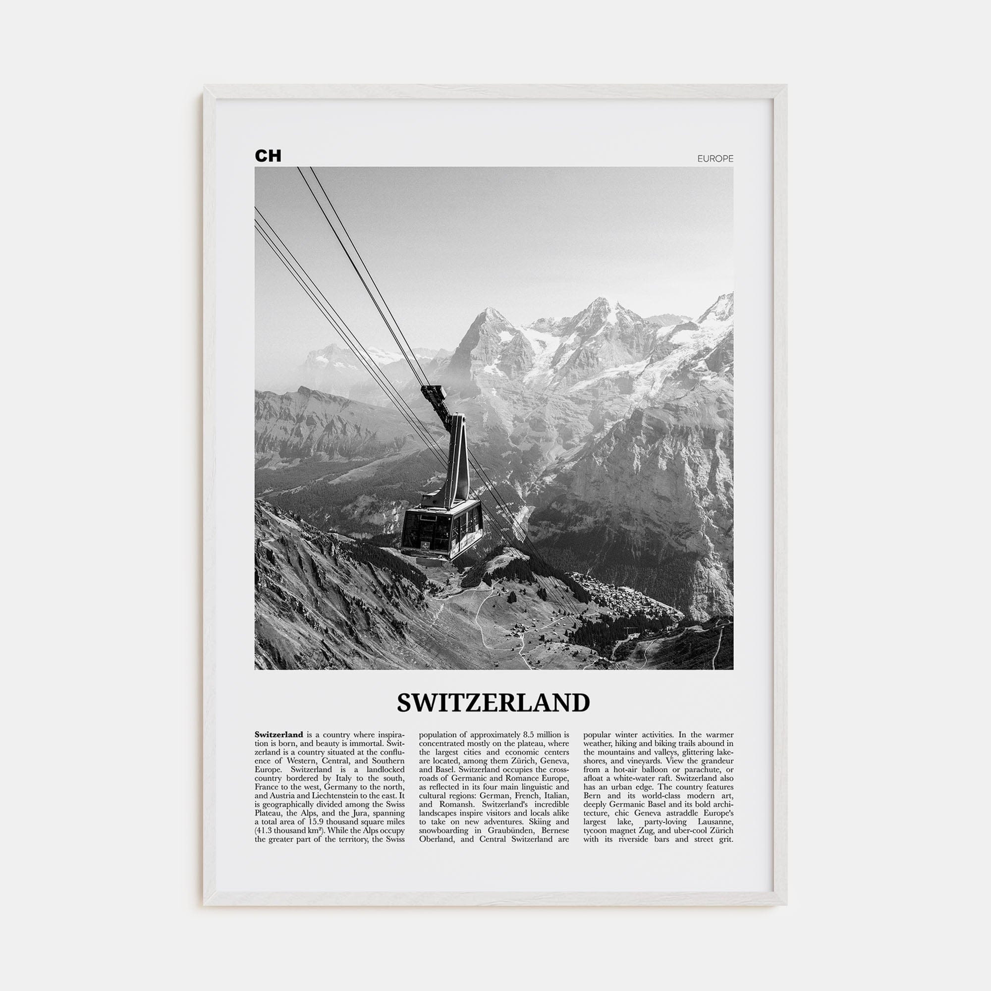 Switzerland Poster White Wood / 8x12 in Nbourhood Travel B&W Poster