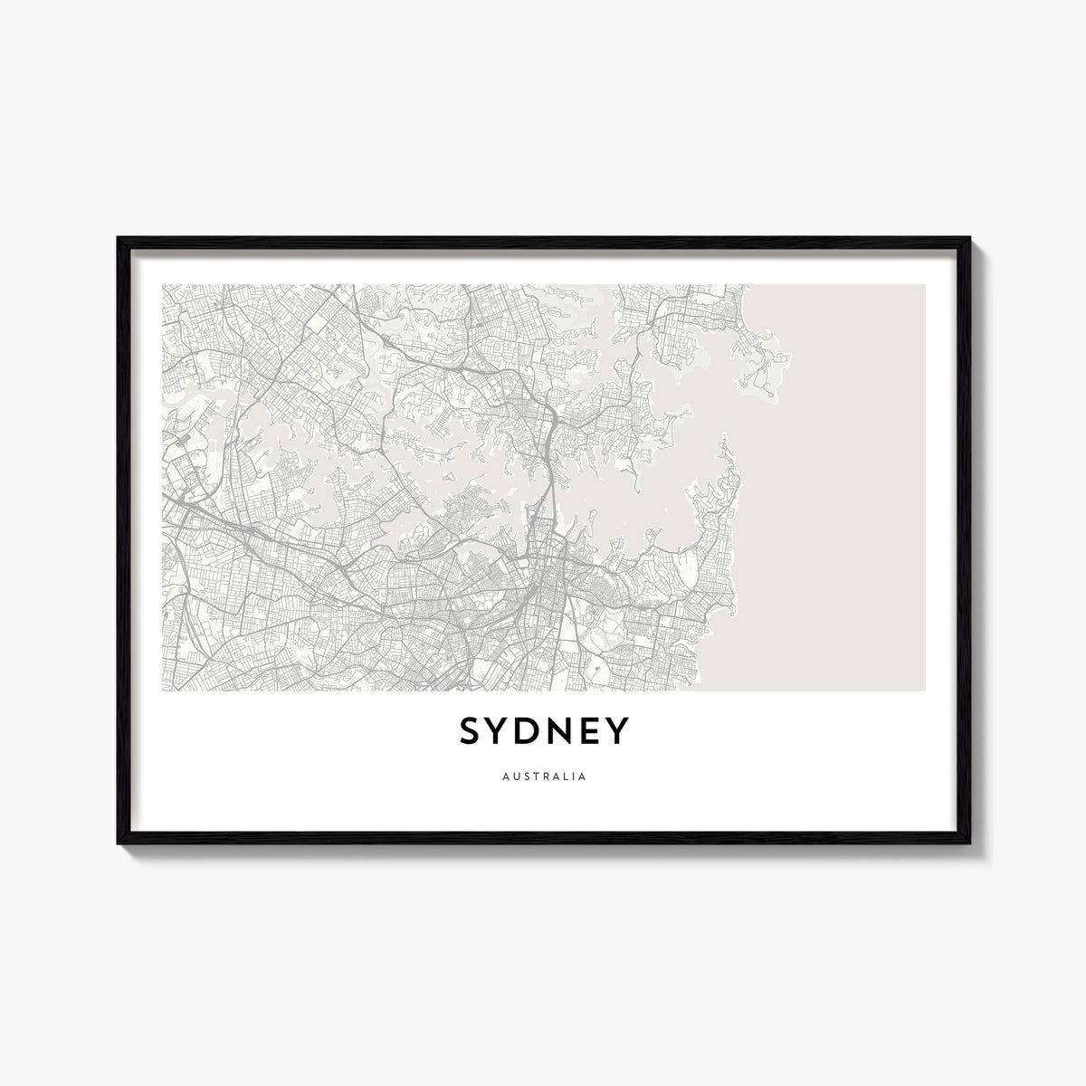 Sydney black & white map poster of New South Wales, Australia – horizontal wall art, unframed print shown in interior mockup
