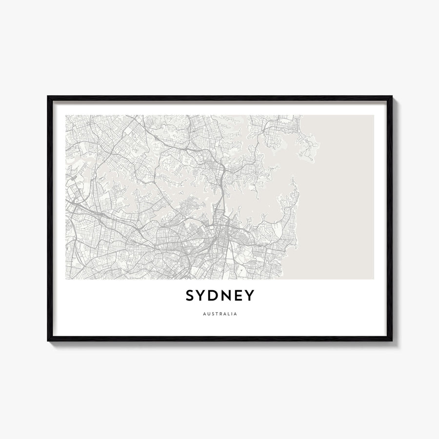 Sydney black & white map poster of New South Wales, Australia – horizontal wall art, unframed print shown in interior mockup