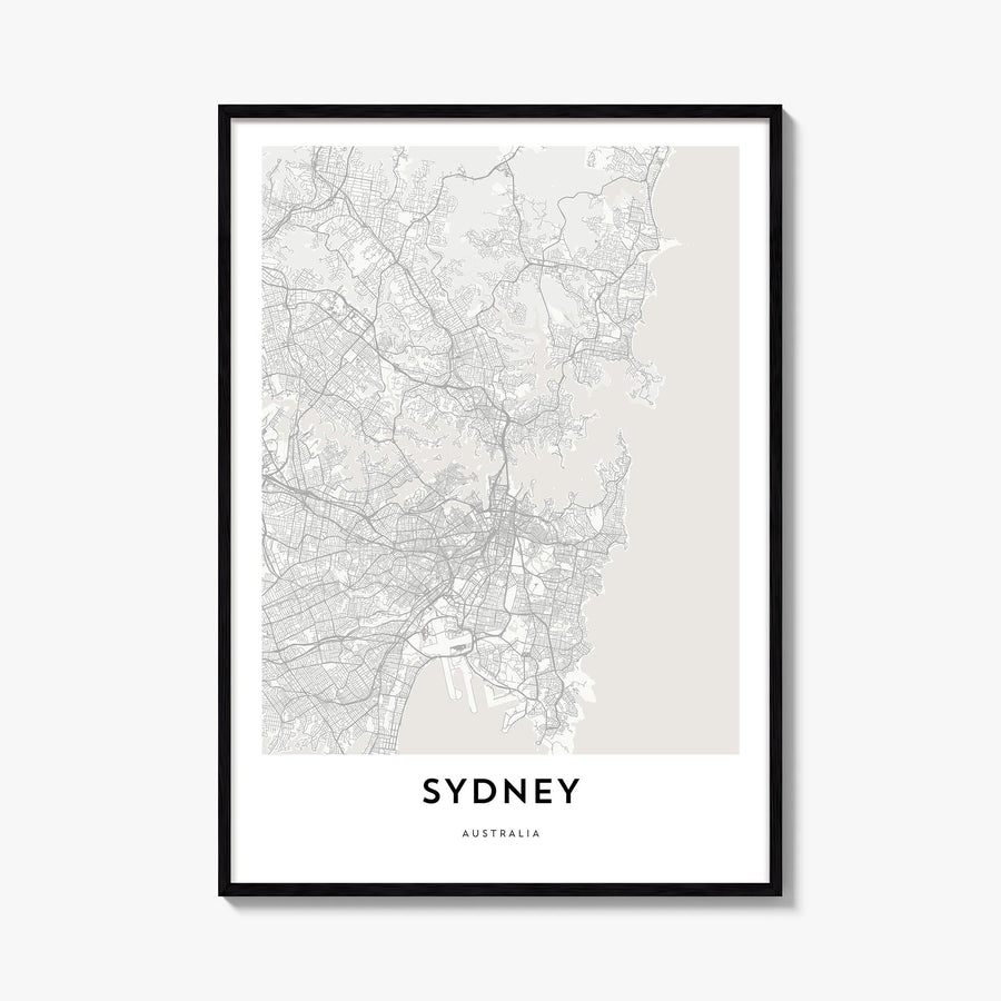 Sydney black & white map poster of New South Wales, Australia – vertical wall art, unframed print shown in interior mockup