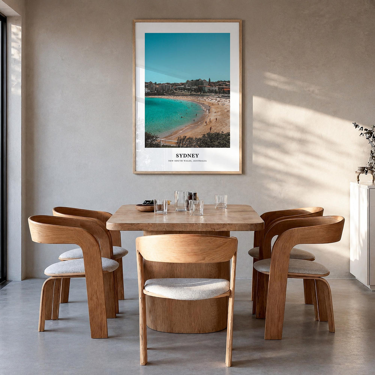 Sydney colorful classic poster of New South Wales, Australia – vertical wall art in natural wood frame, hanging on wall